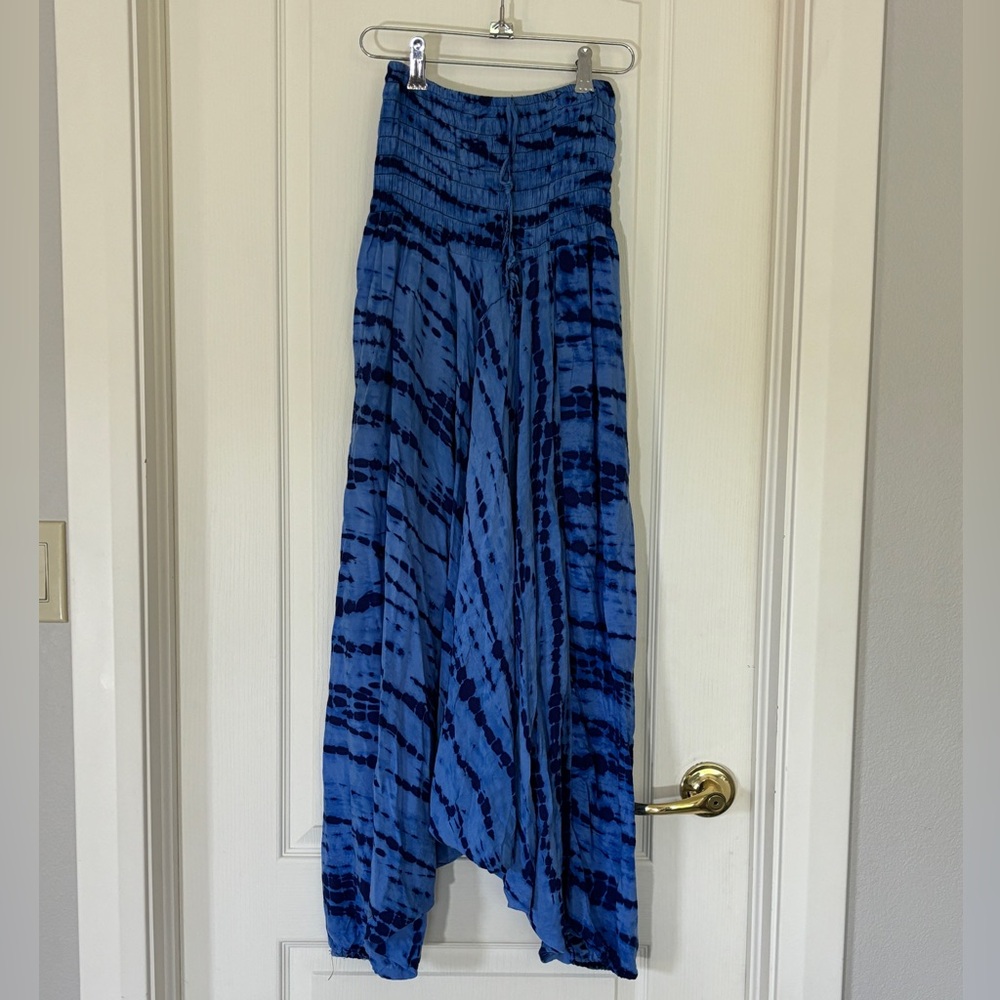 Boho Tie Dye Harem Pants Blue Smocked Waist One Size